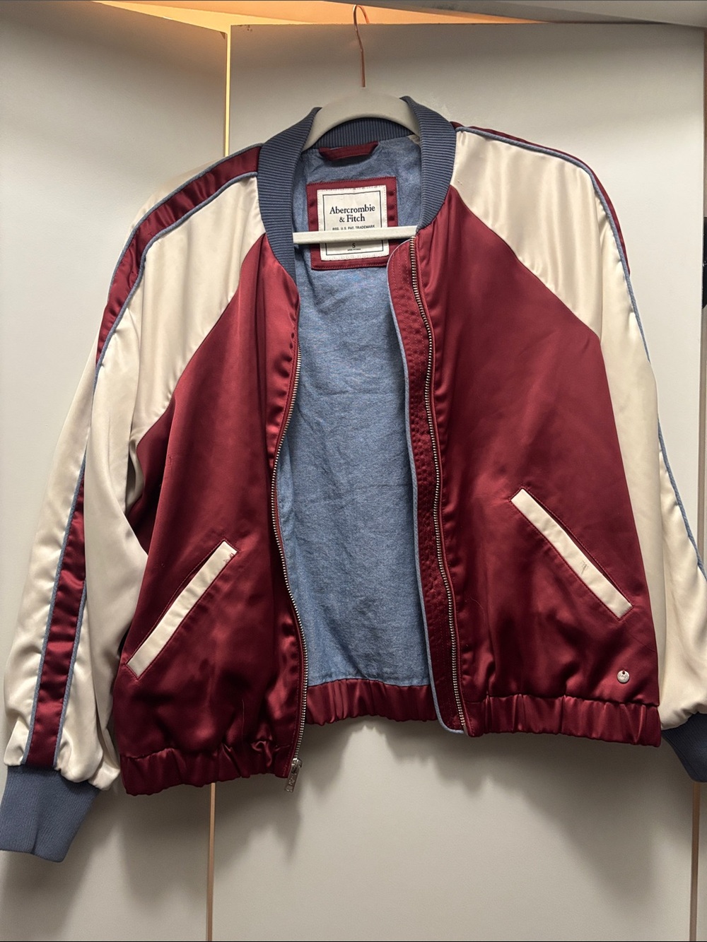 Abercrombie & Fitch Maroon and Cream Satin Bomber Jacket